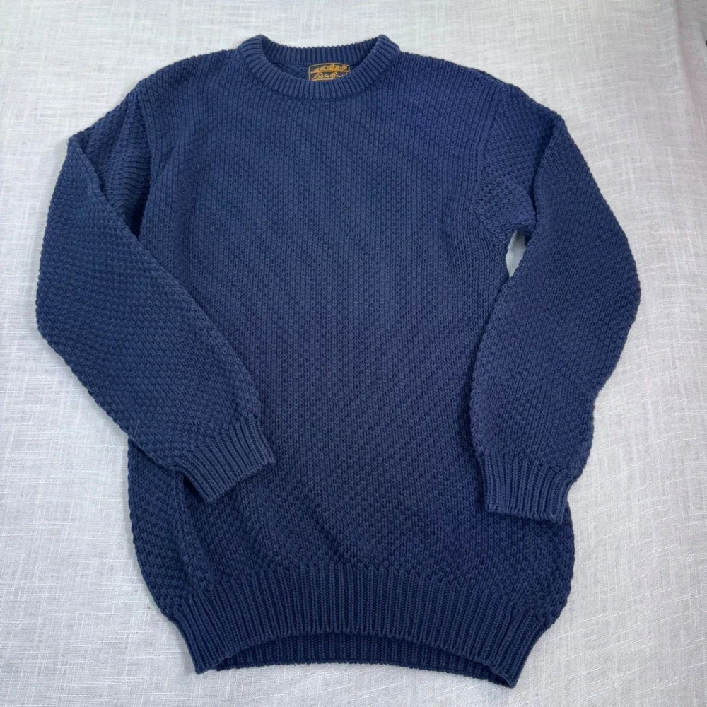 VTG Eddie Bauer Navy Fisherman Men L Tall Popcorn Knit Sweater UK Made Jumper